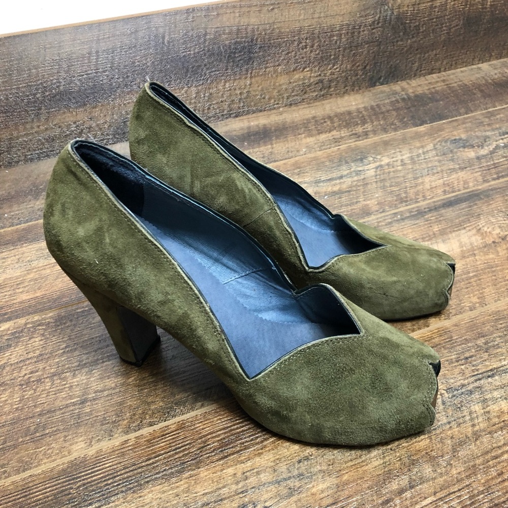 Farylrobin Olive Green Suede Peep-Toe Heels 10